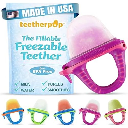 Teetherpop Fillable Freezable Teethers for Babies - Breastmilk Teether with Spill-Proof Sippy Slits – Teething Popsicle for Baby, Liquids & Purées, Cooling Teething Relief Feeder Pacifier - Fuchsia