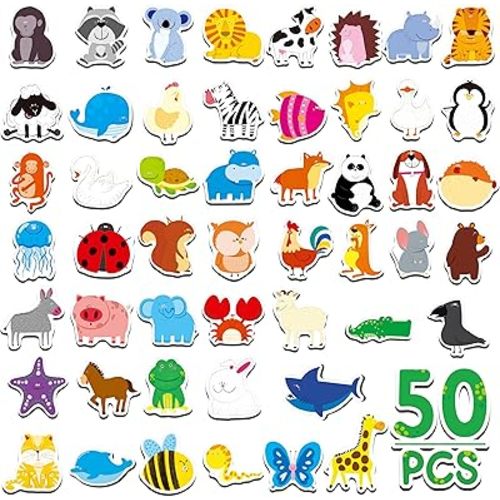 50 PCS Animal Magnets, Adorable Magnetic Animal -Wild Animal, Farm Animal & Marine Animal-Thick Refrigerator Magnets Cute Educational Learning Toys for Kids 3+