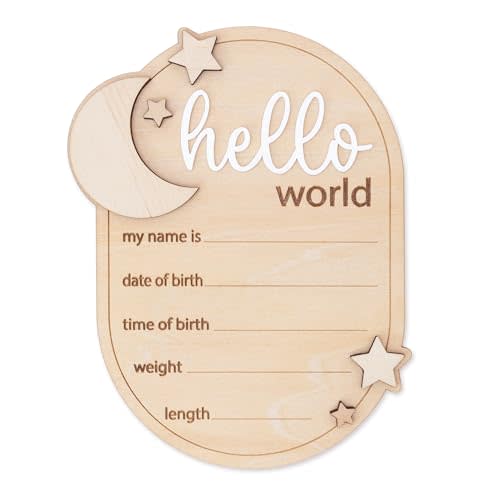Baby Announcement Sign Star, 6.5 Inch Wooden Hello World Newborn Welcome Sign Birth Name Plaques for Photo Props Baby Shower Hospital Nursery new