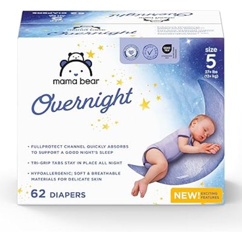 Amazon Brand - Mama Bear Overnight Baby Diapers with Leak Protection and Skin Protection, Fragrance-Free, Size 5, 62 Count, Maximum Absorbency