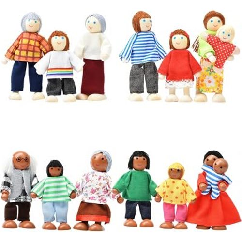 14 Pcs Wooden Dollhouse People Family Set with Movable Limbs, Mini People Figures for Doll House Play