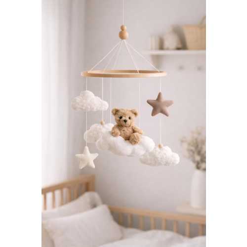 Teddy bear on moon Boucle cloud nursery baby mobile, Neutral nursery mobile, Stars baby crib mobile, Clouds mobile,Minimalist nursery mobile