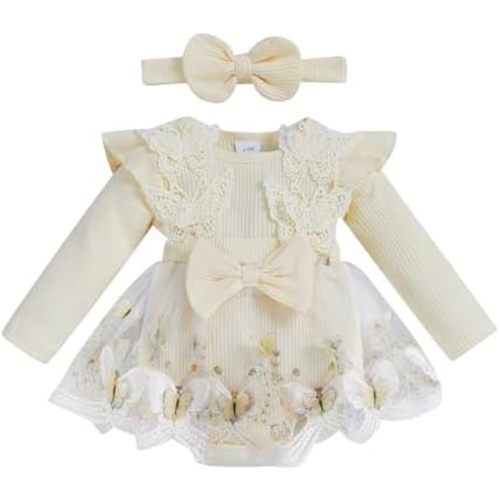 Baby Girl Romper Dress Lace Flowers Baby Dress Romper Infant Fall Winter Festival Clothes with Bow Headband