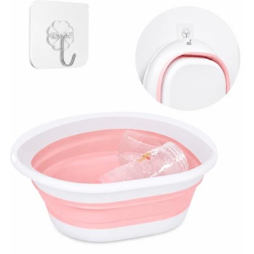 Baby Bottle Wash Basin, Bottle Washing Basin - Collapsible Wash Basin for Baby Bottles, Reusable Sink Basket for Baby Bottle Cleaning, Portable Bottle Tub for Home and Travel (with Hook) (Pink)