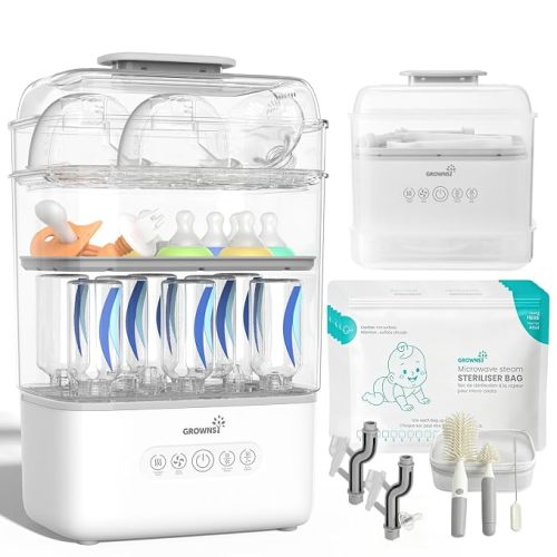Grownsy 3 Layers Large Baby Bottle Sterilizer and Dryer with Travel Kit | Holds 6 to 10 Bottles and Pump Parts, Nesting Design, Fast Sanitization and Drying, Auto Sterile Storage for All Feed Stages