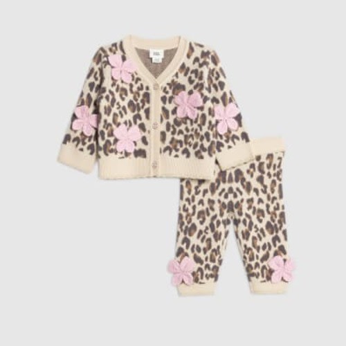 Baby girls Beige Leopard Bow Cardigan Set