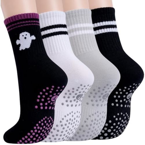 Toes Home Pilates Socks for Women with Non Slip Grippers, Yoga Crew Socks for Barre Hospital Sticky Slipper Socks 4 Pairs