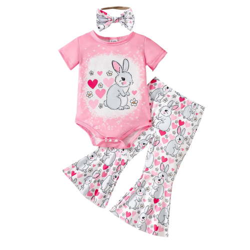 RMGVDSD Toddler Girl Clothes Short Sleeve Rabbit Romper Bodysuit Heart Print Flare Pants With Headband 3Pcs Outfits Set Cute Infant Clothing 3-6 Months