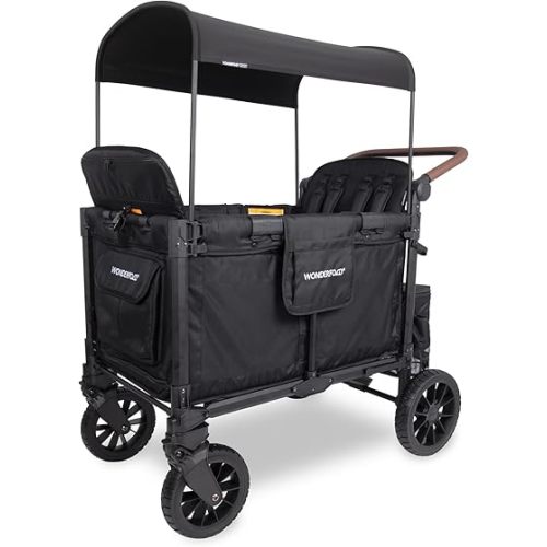 WonderFold W4 Luxe Pro Stroller Wagon - Collapsible Stroller Wagon with Aluminum Frame - Adjustable Canopy & Push Handle - XL All-Terrain Wheels - For Babies, Toddlers & Kids - 4 Seater - Black