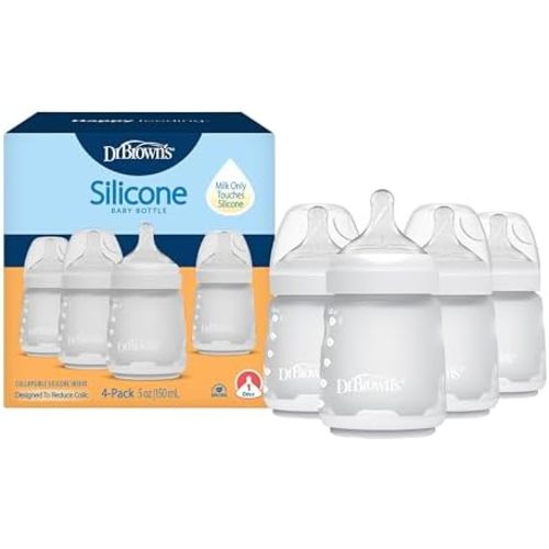 Dr. Brown's Silicone Baby Bottle, 5 oz, Level 1 Nipple, 0m+, White, 4-Pack