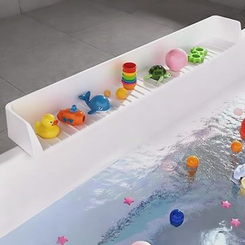 Funnydin Splash Guard for Bathtub - 2.6FT Bathtub Splash Guard for Tub Kids with 11 Suction Cups, Bath tub Play Shelf & Toy Holder, Prevents Water Spills No-Leak, Easy to Clean, Light Grey