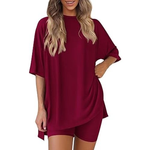 PRETTYGARDEN Women 2 Piece Lounge Set 2026 Summer Casual Oversized Shirts Biker Shorts Matching Airport Travel Outfit Clothes