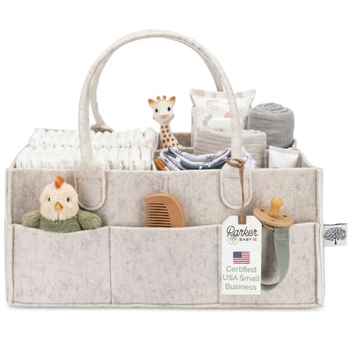 Parker Baby Felt Diaper Caddy & Diaper Organizer Basket - Large, White | Bedside diaper caddy and car diaper caddy organizer with dividers; portable baby organizer basket for changing essentials.