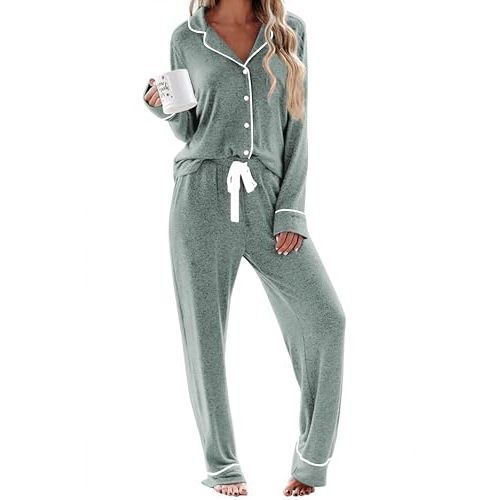 Ekouaer Women's Pajamas Long Sleeve Loungewear Casual Button Down Pjs | Soft Sleepwear,Notch Collar,Elastic Waist Pants with Side Pockets,Adjustable Drawstring,Pajama Party,Maternity,Postpartum