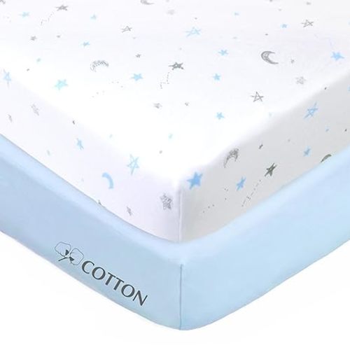American Baby Company 2 Pack 100% Natural Cotton Fitted Crib Sheets 52" x 28" - Soft, Breathable, Hypoallergenic & Gentle Toddler Bed Sheets, Blue Stars and Blue, Neutral for Boys & Girls