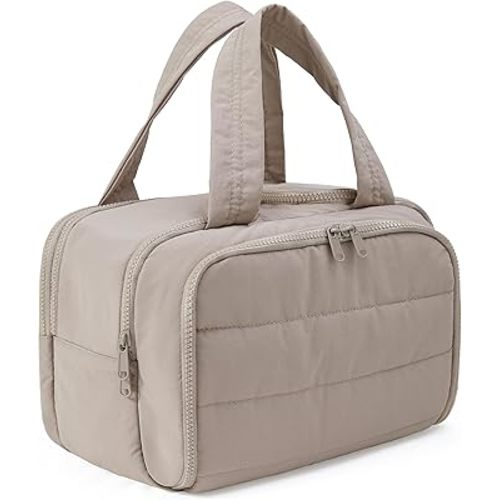 Travel Toiletry Bag for Women, Large Wide-open Puffy Cosmetic Makeup Bag with Wet-Dry Separation, Multi-Pocket Organizer with Carry Handle for Toiletries, Cosmetics, Essentials, Camel