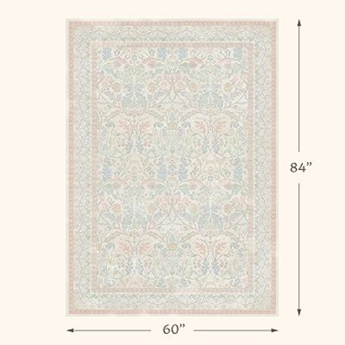 Blue and Pink Rug for Nursery Girls 5x7 - Baby Girl Bedroom Rug Non Slip, Soft Washable Thin Area Rug for Dorm, Floral Botanical Pastel Light Pink Cottage Decor Carpet for Kids Playroom, Living Room