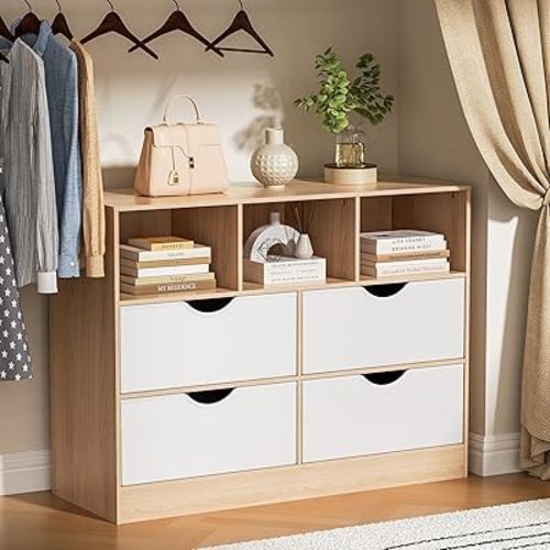 Dresser for Bedroom, Open Dresser Drawers Storage, Chest of Drawers Organizer Tower Furniture, Wide Fabric PU with Wooden Closet Organizer, TV Stand, Living Room, Hallway, Entryway, Oak, Black
