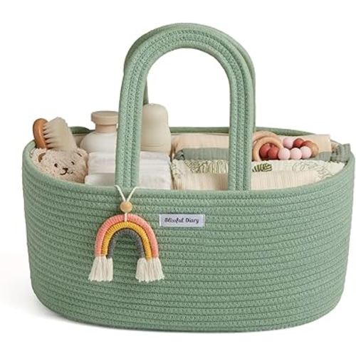 Blissful Diary Baby Diaper Caddy Organizer, Cotton Rope Diaper Caddy Basket, Oval Storage Basket, Gift for Baby Shower, Newborn Essentials, Green