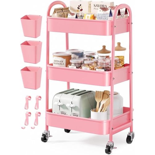3 Tier Rolling Storage Cart Metal with Wheels, Pink Three Tiered Craft Cart Organizer on Wheels, Utility Carts for Baby Nursery, Diaper Caddy, Art, Book, Snack, Nail, Makeup, Bathroom Supplies, Mesh