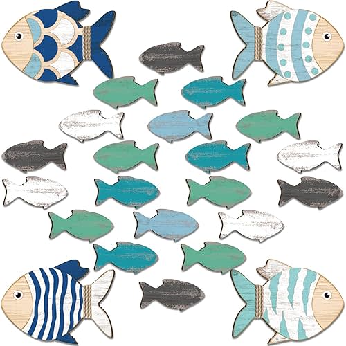 Burbell 24 Pcs Wooden Fish Wall Decor Nautical Coastal Decorations Large 2 Size Coastal Hanging Wall Art Nursery Beach Lake House Decor for Home Bathroom Outdoor Decoration