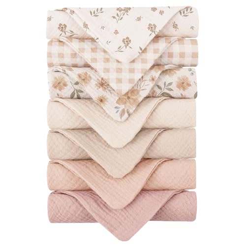 Konssy Baby Muslin Washcloths 7-Pack, 100% Cotton Baby Bath Washcloths, Soft & Absorbent Wash Cloths and Burp Cloths for Newborn Kids Girls & Boys, 11x11 inches
