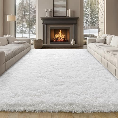 plumlik 9x12 Large Area Rugs for Living Room, White Fluffy Shag Rug for Bedroom and Nursery, Soft and Comfy, Big Fuzzy Carpet for Kids, Girls, Boys Room Dorm Home Decor Aesthetic, Upgrade Non Slip