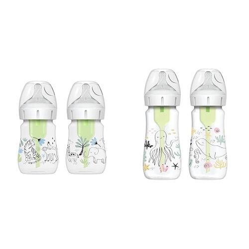 Dr. Brown's Anti-Colic Options+ Wide-Neck Baby Bottles, Jungle & Ocean Decos, 5 oz & 9 oz, Level 1 Nipple 2-Packs, 0m+
