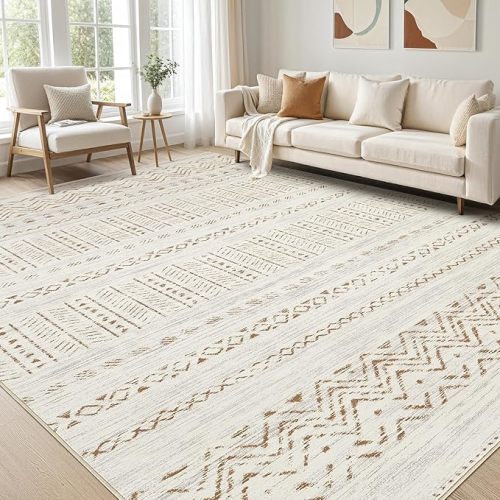 Large Living Room Area Rug 7x9: - Brown/Cream