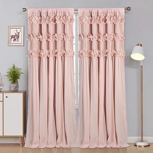 Luxurious Peach Pink Blackout Curtains with 3 Rows of Handmade Butterfly Flower Ruffles, Room Darkening and Soundproof Window Curtain 54" x 84", 2 Panels, Machine Washable (LQ-37)