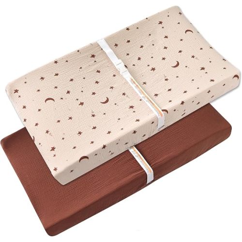 Changing Pad Cover for Baby Girls Boys - 100% Organic Cotton Muslin Changing Pad Sheets with Secure 360° Elastic Fit, Ultra-Soft for Delicate Skin, 2 Pack