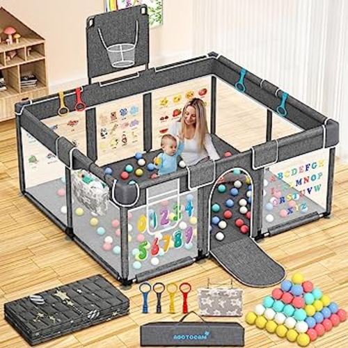 Baby Playpen with Play Mat, 71x51 Extra Large Playpen with Gate, Indoor & Outdoor Baby Fence, Anti-Fall PlayYard for Babies and Toddlers, Kids, Children's