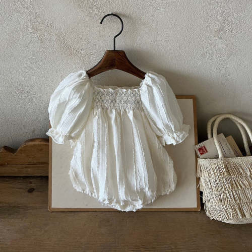 Baby Milky Way Smocked Yoke Short Puff Sleeve Romper (0-18m) - Ivory