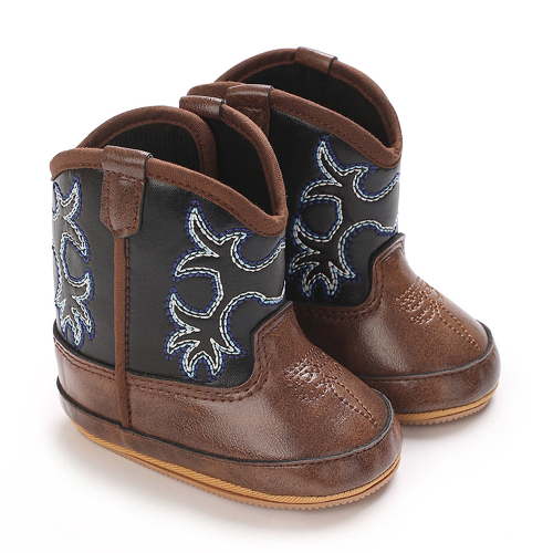 Emy Dola Unisex Baby Boots Newborn PU Leather Cowboy Booties Soft Sole Nonslip Crib Shoes Infant Boys Girl Western Boots Size 6-12 Months