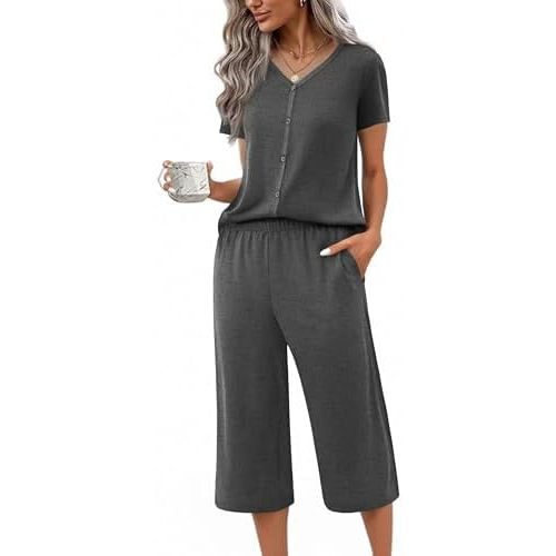 Ekouaer Women's Pajama Sets Short Sleeve Sleepwear Button Up Pj Loungewear Top and Capri Pants with Pockets