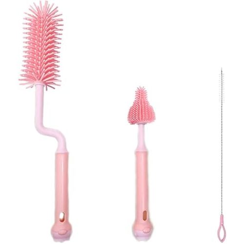 Newmemo Silicone Baby Bottle Brush Set Cleans Deep Container Nipple or Straw with Rotation Long Handle 3 in 1 Cleaning Kits Washing Breast Pumps Teat Nozzle Baby Bottles, Water Bottles, Cups