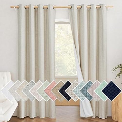 NICETOWN Natural 100% Blackout Linen Curtains 84 inch Long Burg for Living Room, 2 Panels, 52" Wide, Farmhouse Thick Completely Blackout Window Treatment Thermal Insulated Warm Drapes for Winter