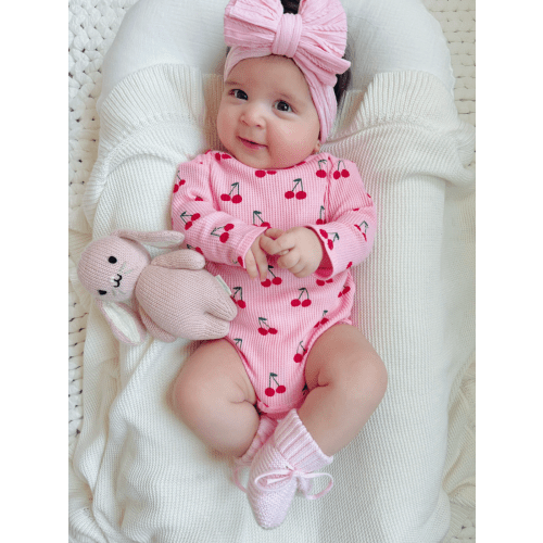 Organic Waffle Long Sleeve Bodysuit, Pink Cherries
