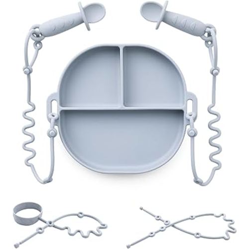 Andy Bear Silicone Plates for Babies with Suction Divided Baby Spoons Silicone Baby Toy Straps All-in-one Plates Silicone Placemat for Babies Toddlers Attachable Tethers & Built-in Suction Cups-Blue