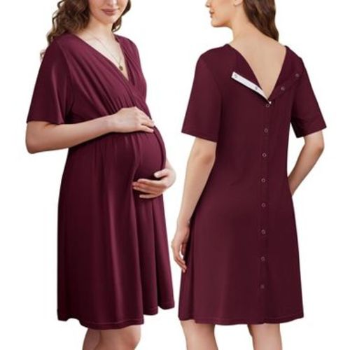 Ekouaer Labor and Delivery Gown for Hospital Short Sleeve Maternity Nursing Dress Nightgown with Button Maroon L