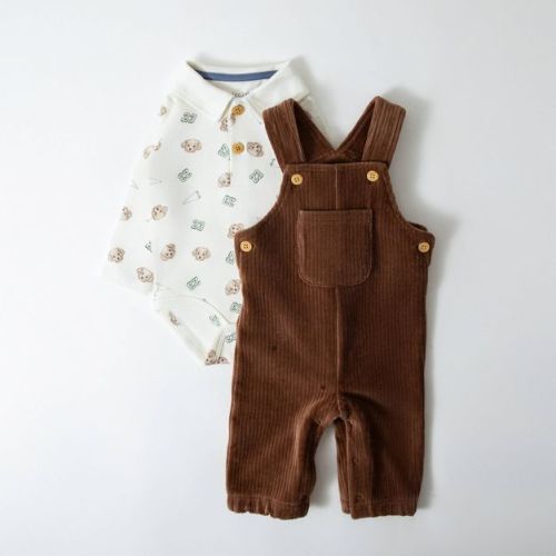 Picolette by Olivia Culpo Baby Boys' Oliver Dog 2pc Long Sleeve Bodysuit and corduroy Overalls Set - Brown/White 3-6M