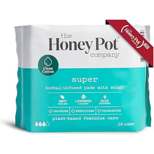 The Honey Pot Company Clean Cotton Super Absorbency Pads, Herbal-Infused Pads with Wings, Plant-Derived Feminine & Menstrual Care – (Product) RED – 16 ct.