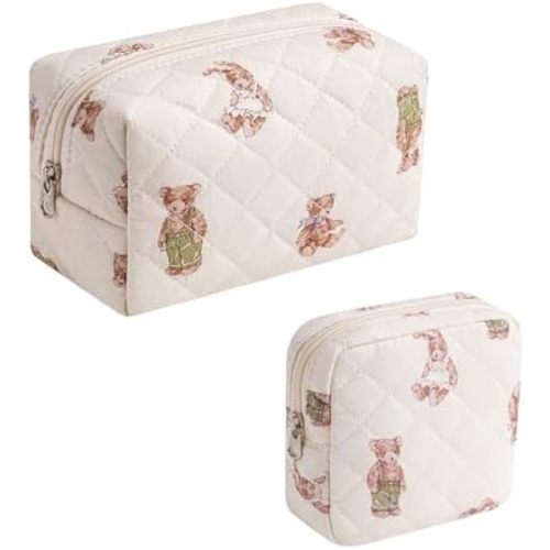 uekeboag 2pcs Small Quilted Cotton Makeup Bag for Purse, Cosmetic Bag with Compartments, Cotton Aesthetic Makeup Bag, Travel Toiletry Pouch, Lipstick Bag Card Holder Data Cable Organizer (Bear Set)