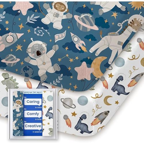 Graco Pack and Play Sheets Fitted, TotBasic Ultra Soft Mini Crib Sheets Boy, Neutral Pack N Play Mattress Sheets Hypoallergenic and Soothing, Premium Jersey Playrad Sheets, 2 Pack (Dino Space)