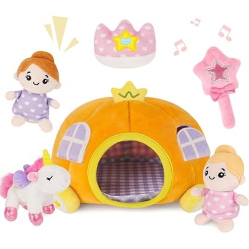 Baby Toys 6-12 Months - Fairy Tale Sensory Toys, Plush Pumpkin Carriage with 2 Princess Dolls, Unicorn, Montessori Toys with Squeaker, Rattle & Crinkle, Toddler Toys 1-3, Baby Girl Gifts