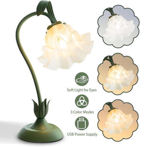 Vintage Flower Table Lamp, 3 Color Temperature Cute Flower Bedside Lamp with 26E Bulb, Gooseneck Nightstand Lamp for Bedroom Living Room Office Reading Decor, Green