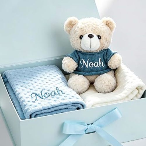 Personalized Baby Blanket with Teddy Bear Set for New Baby Gifts