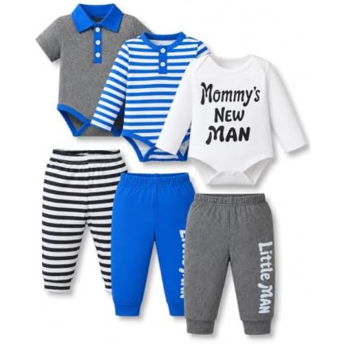 Jecson Baby Boy Clothes 6 Piece Stretch Bodysuit and Pants Outfit for 0-12M