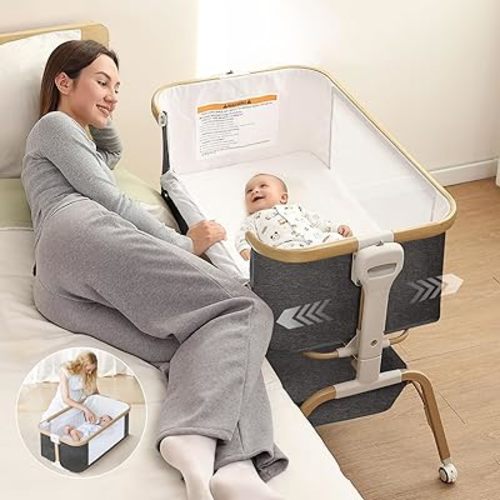 Baby Bassinet, Rocking Bedside Sleeper, Detachable & Portable Bassinet with 8-Level Height, Breathable Mesh, Storage Basket & Rotating Mobile Toy for Newborns Infant(Dark Grey)