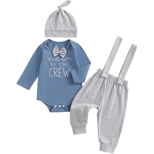 Newborn Baby Boy Clothes New To The Crew Outfits Long Sleeve Romper And Pants Hat Baby Coming Home Outfit